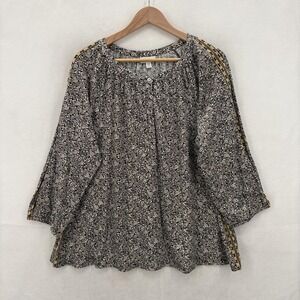 J Jill Shirt Womens Petite XL Black Floral Print 3/4 Sleeve Boho Top Blouse NWT